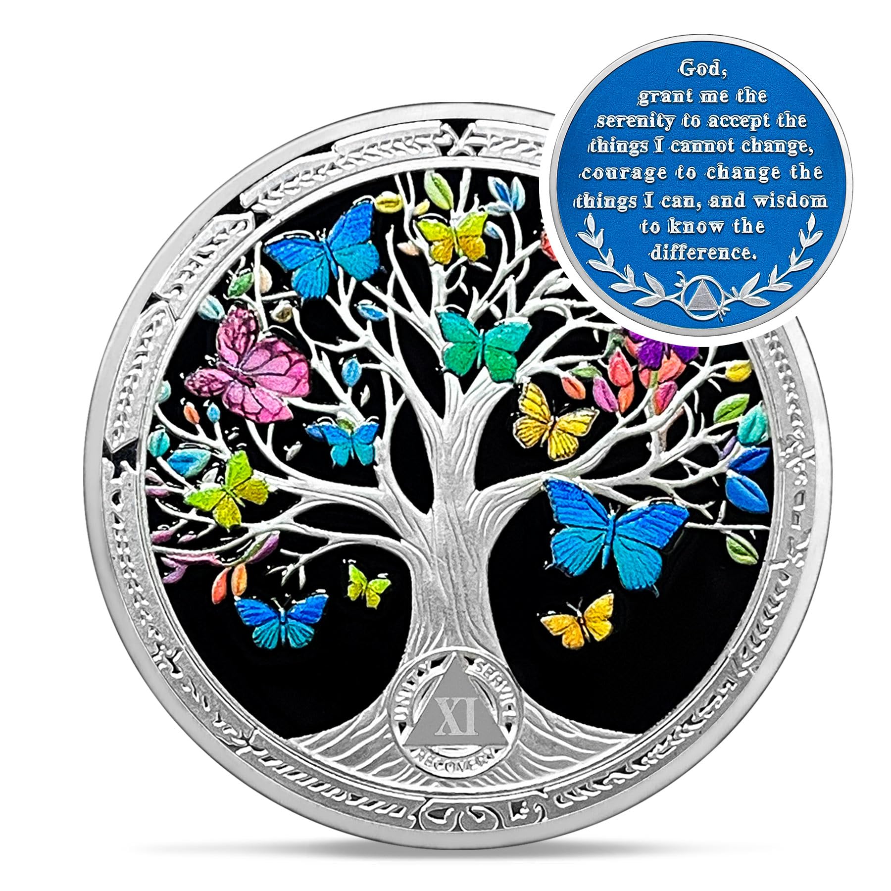 11 Year Sobriety Coin - AA Recovery Tree of Life Coin - Colorful Butterfly Chips and Medallions - NA HA AA Living Clean Gifts for Men and Women
